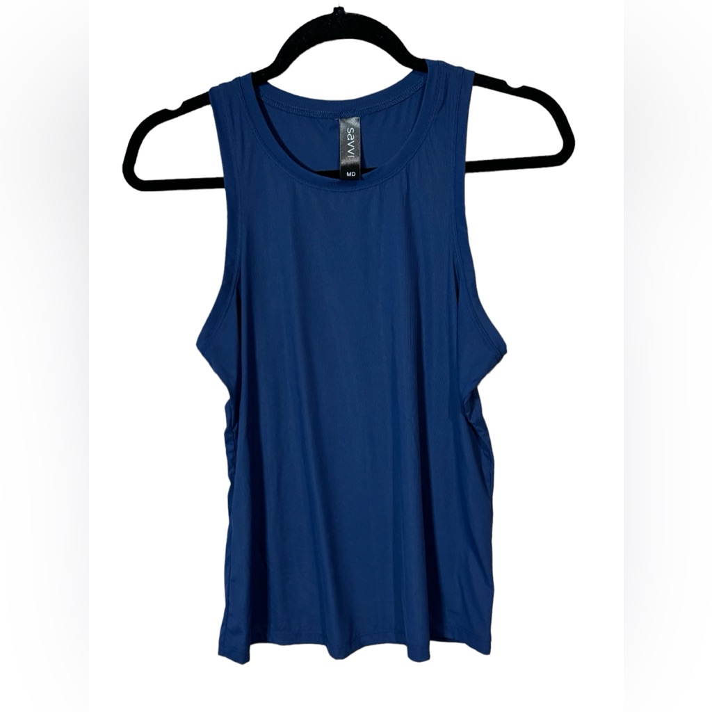 Savvi Fit Racerback Tank, Navy, Size Medium, High Neck, Fine Ribbed